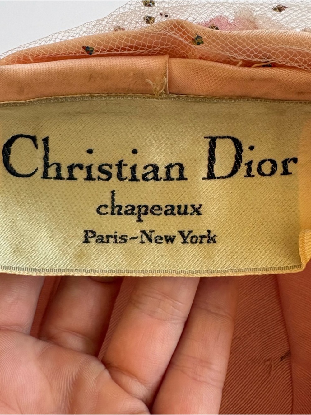 Vintage Christian Dior Chapeaux Floral Union Made Peach Pink Hat Satin Net - Picture 5 of 8